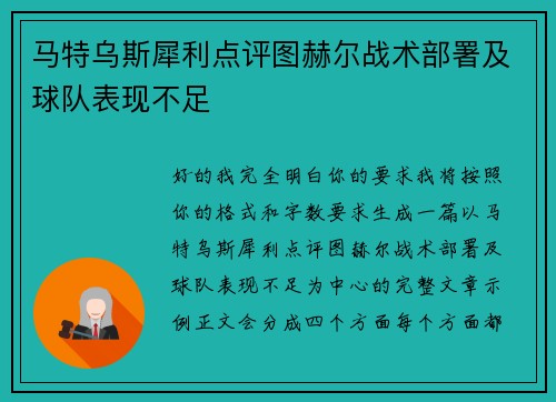 马特乌斯犀利点评图赫尔战术部署及球队表现不足 马特乌斯犀利点评图赫尔战术部署及球队表现不足