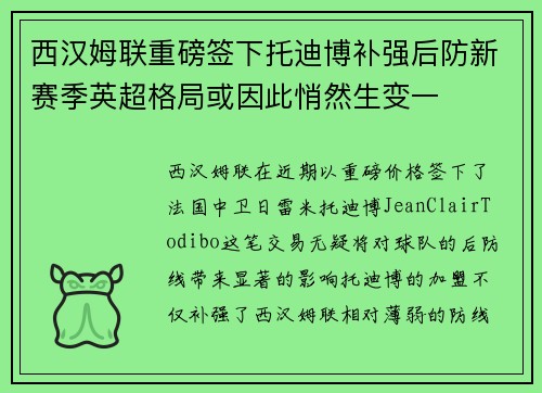 西汉姆联重磅签下托迪博补强后防新赛季英超格局或因此悄然生变一