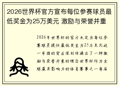 2026世界杯官方宣布每位参赛球员最低奖金为25万美元 激励与荣誉并重